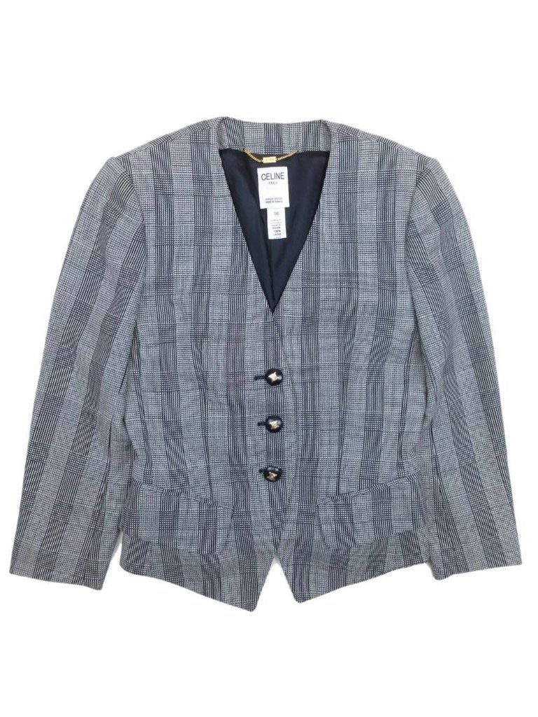 Celine Vintage Check V-Neck Color Jacket Blazer Jersey Era 36 Gray